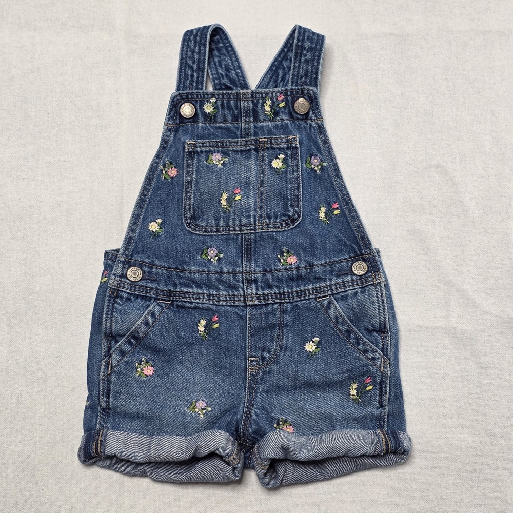 Gap Kids Embroidered Denim Short Overalls Girls Size 18-24M  Blue‎